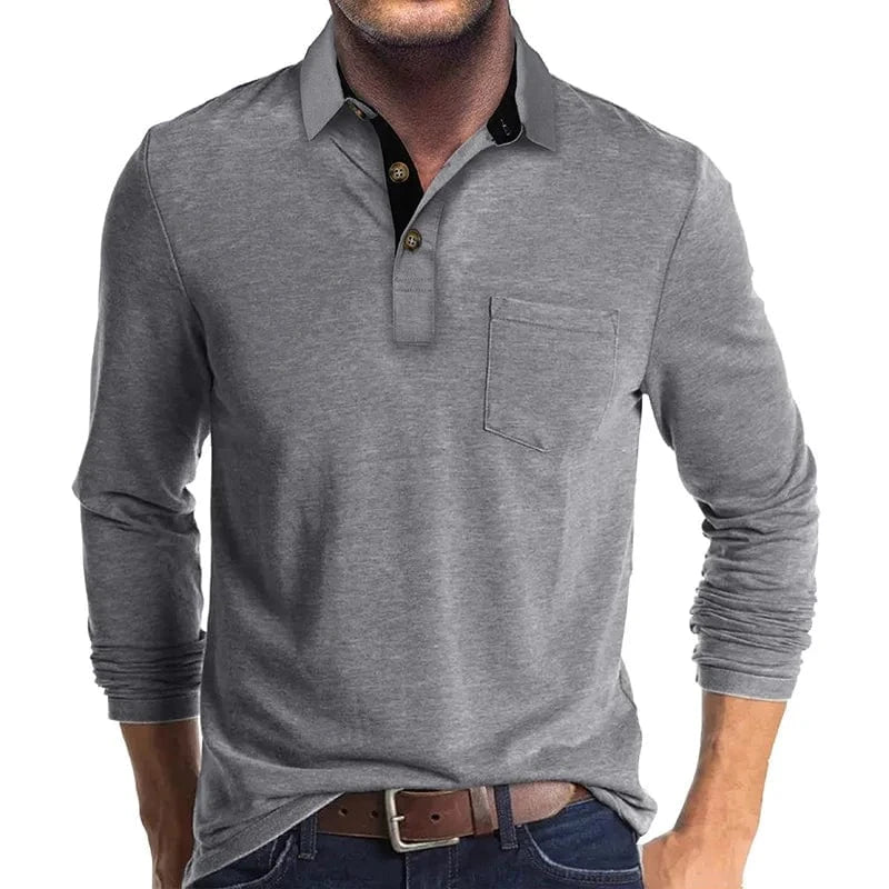 Polo de manga larga con bolsillo para hombre en gris claro – vista frontal