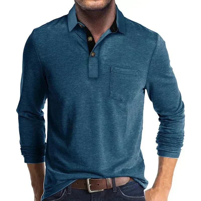 Polo de manga larga con bolsillo para hombre en azul – vista frontal
