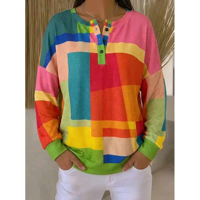 Sudadera para mujer con bloques de color y botones en el cuello para el día a día