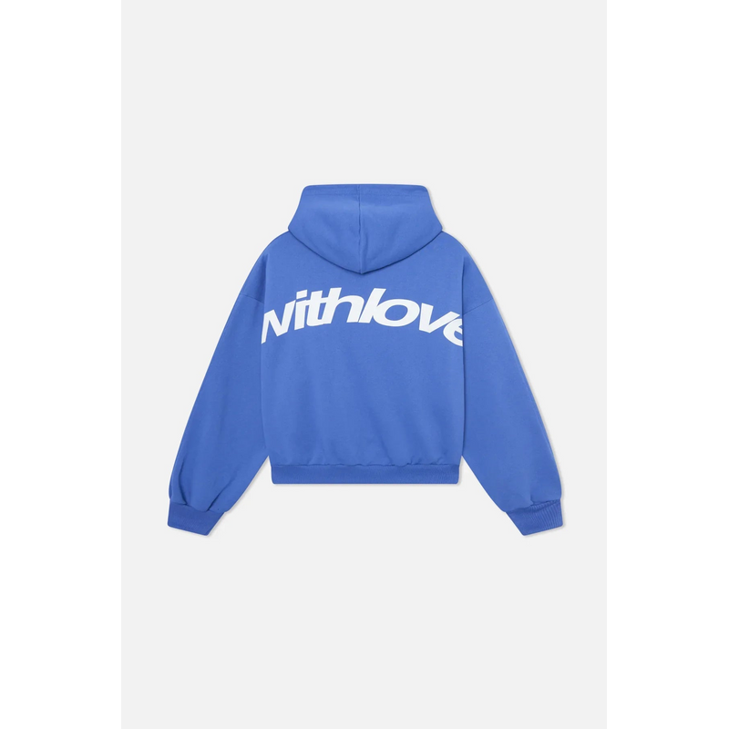 Sudadera con capucha oversize con estampado de letras para hombre en azul – vista trasera