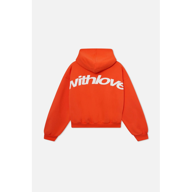 Sudadera con capucha oversize con estampado de letras para hombre en naranja – vista trasera