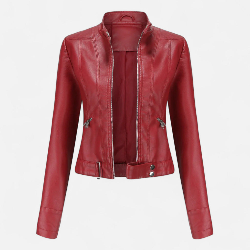 Chaqueta corta para mujer de efecto cuero con cuello alto en rojo