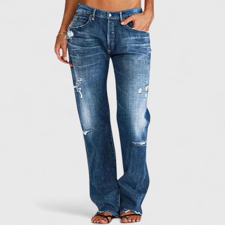 Vaqueros holgados para mujer con bolsillos en azul oscuro, vista frontal