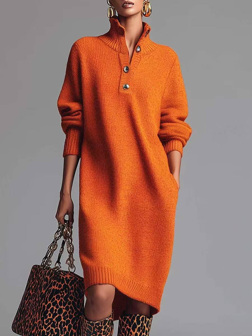 Vestido jersey de punto para mujer en naranja con cuello alto, botones y puños de canalé