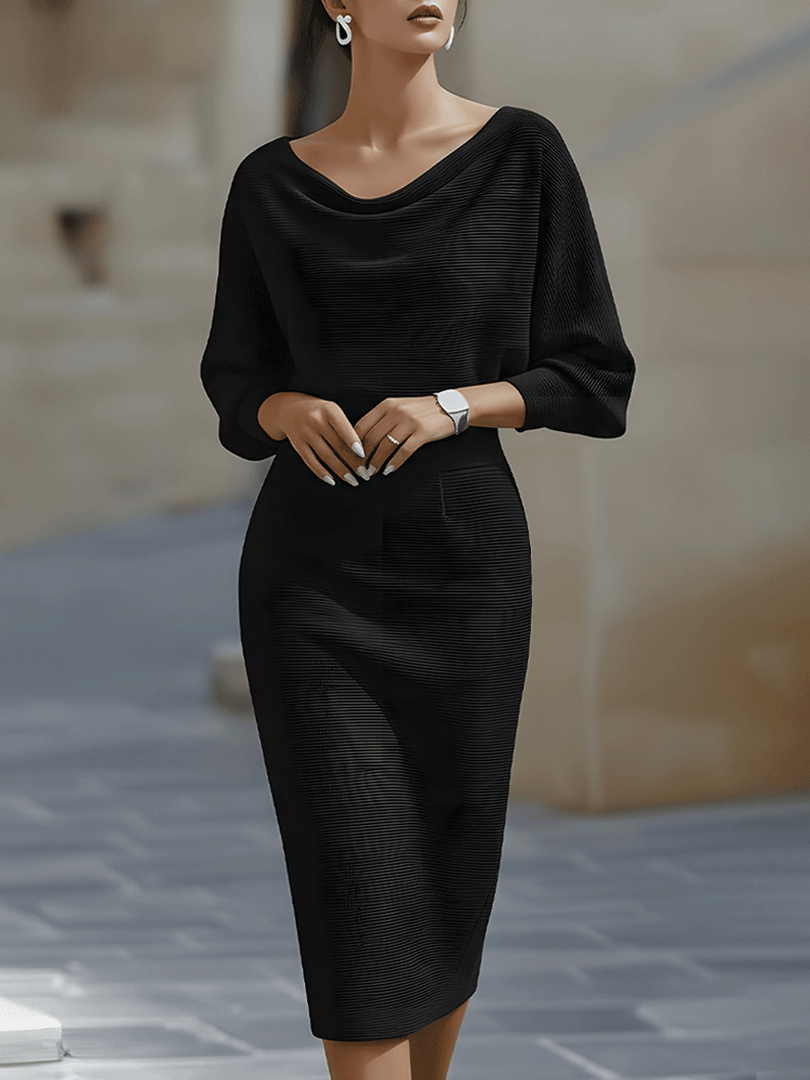 Vestido midi para mujer con cuello drapeado y mangas murciélago en negro