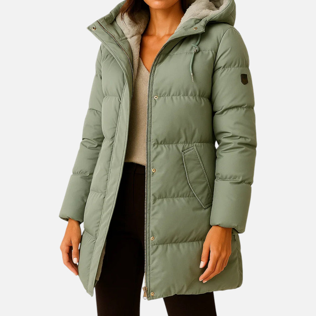 Abrigo acolchado para mujer con capucha y cintura ajustable en verde claro