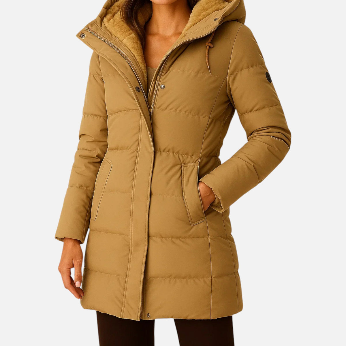 Abrigo acolchado para mujer con capucha y cintura ajustable en camel