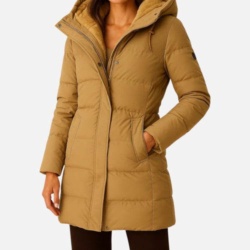 Abrigo acolchado para mujer con capucha y cintura ajustable en camel