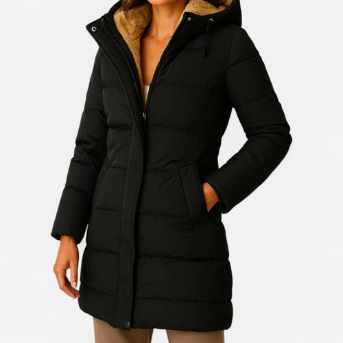 Abrigo acolchado para mujer con capucha y cintura ajustable en negro