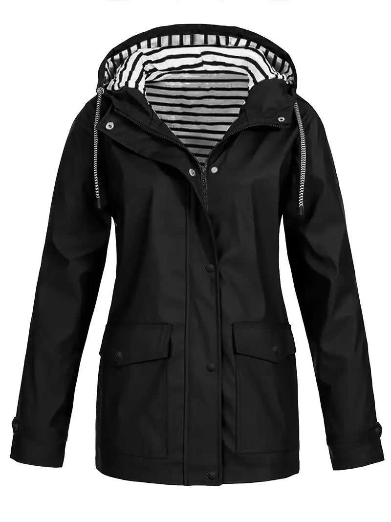 Chaqueta de lluvia para mujer con capucha forrada de rayas para el entretiempo