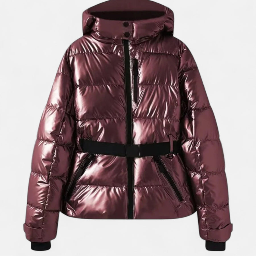 Chaqueta de esquí para mujer con cinturón y capucha para la nieve y el invierno