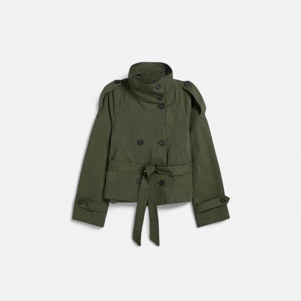 Gabardina corta para mujer con cinturón en verde oliva