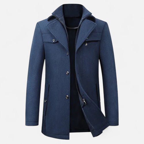 Abrigo para hombre con cuello doble y cremallera en azul