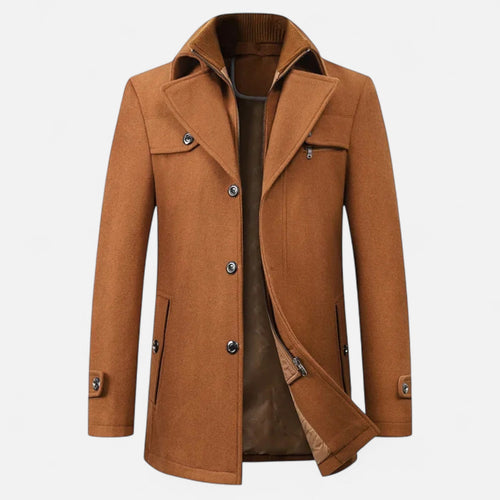 Abrigo para hombre con cuello doble y cremallera en camel