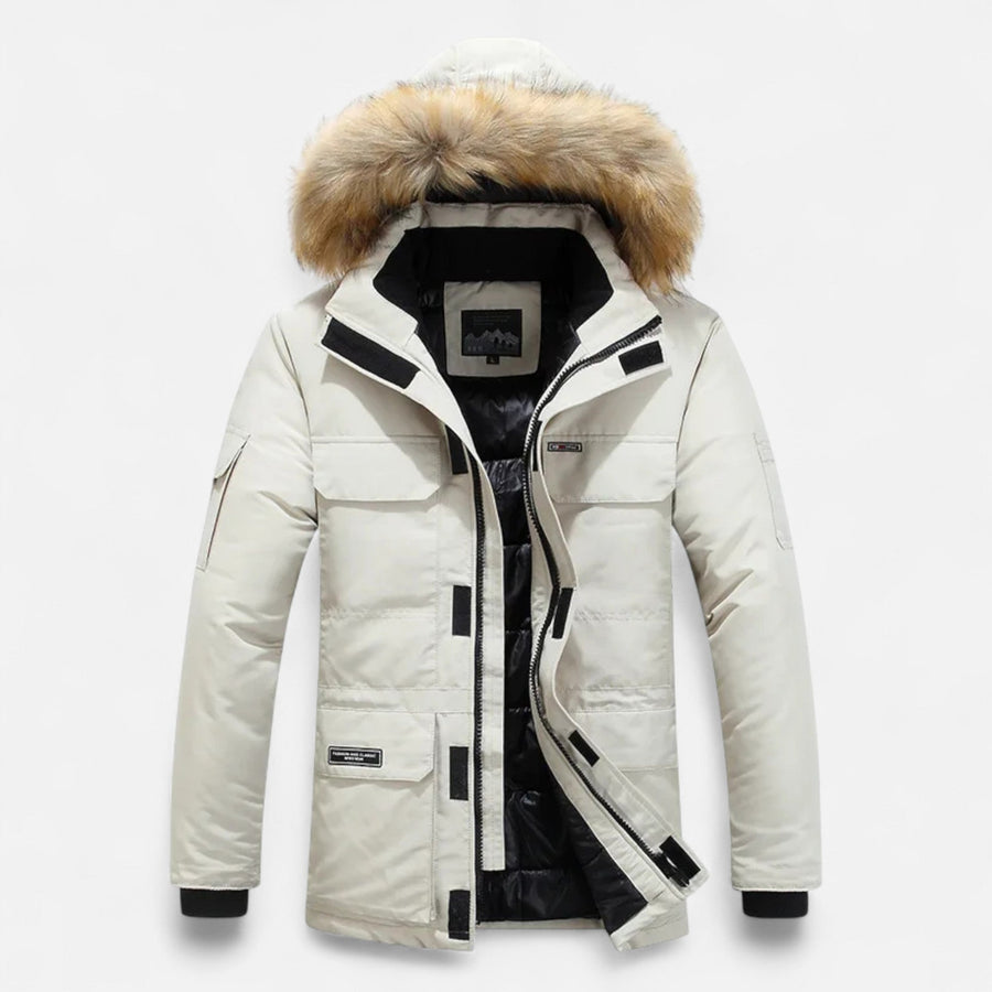 Parka acolchada para hombre con capucha de pelo y bolsillos para el invierno