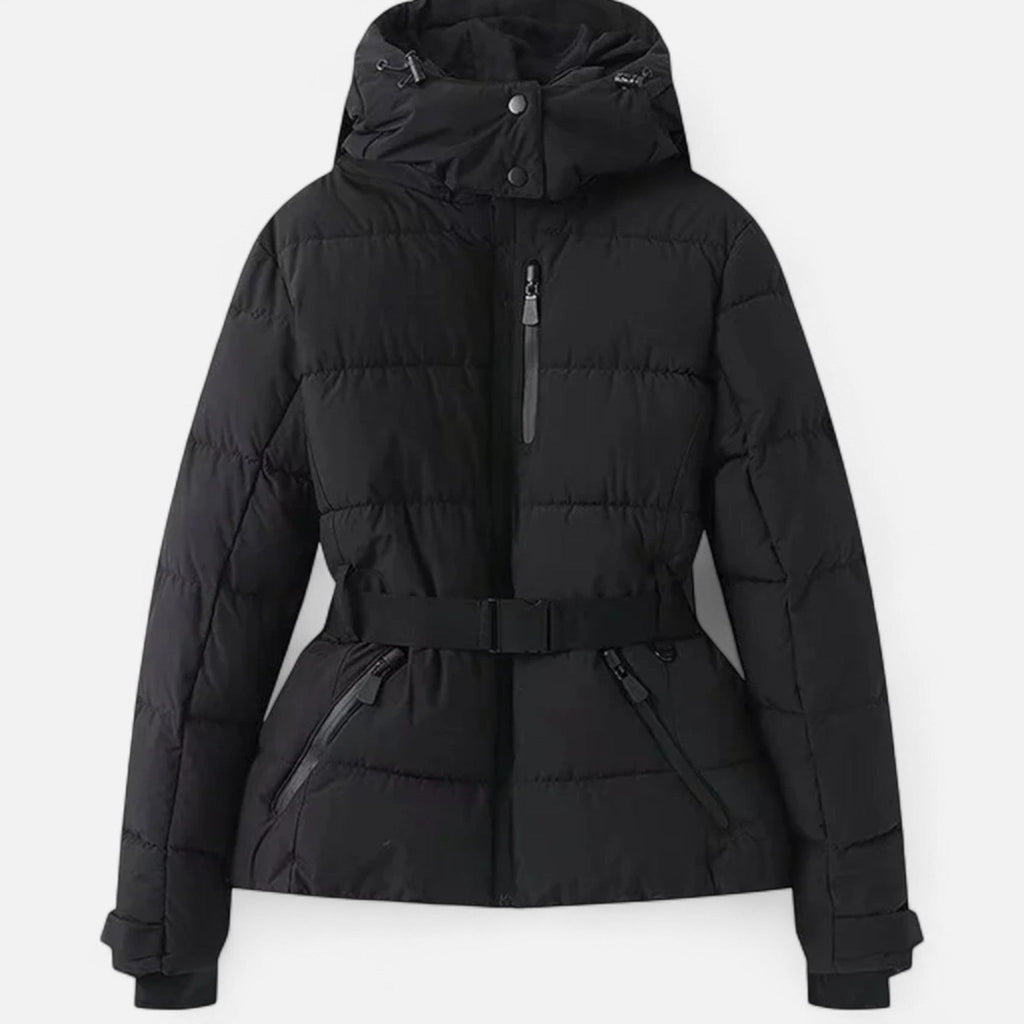 Chaqueta de esquí para mujer con cinturón y capucha en negro