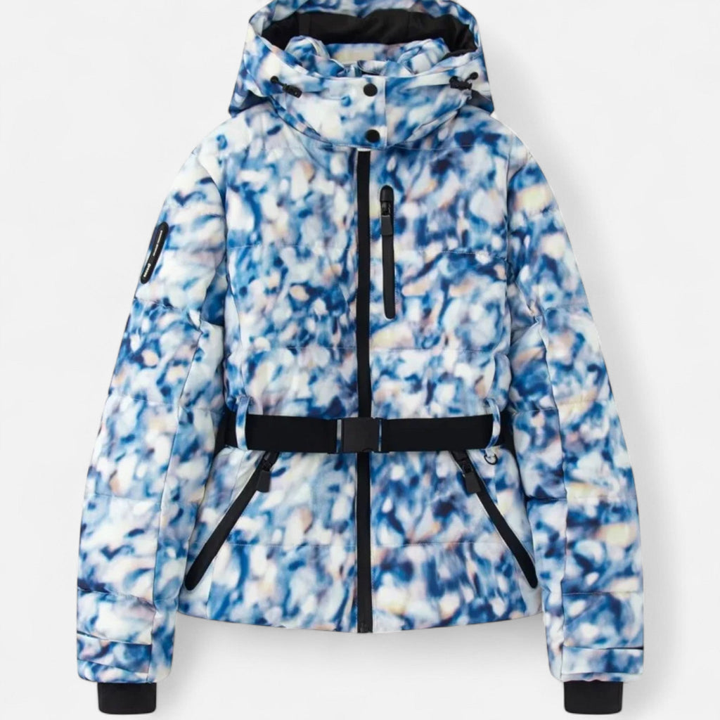 Chaqueta de esquí para mujer con cinturón y capucha en estampado azul