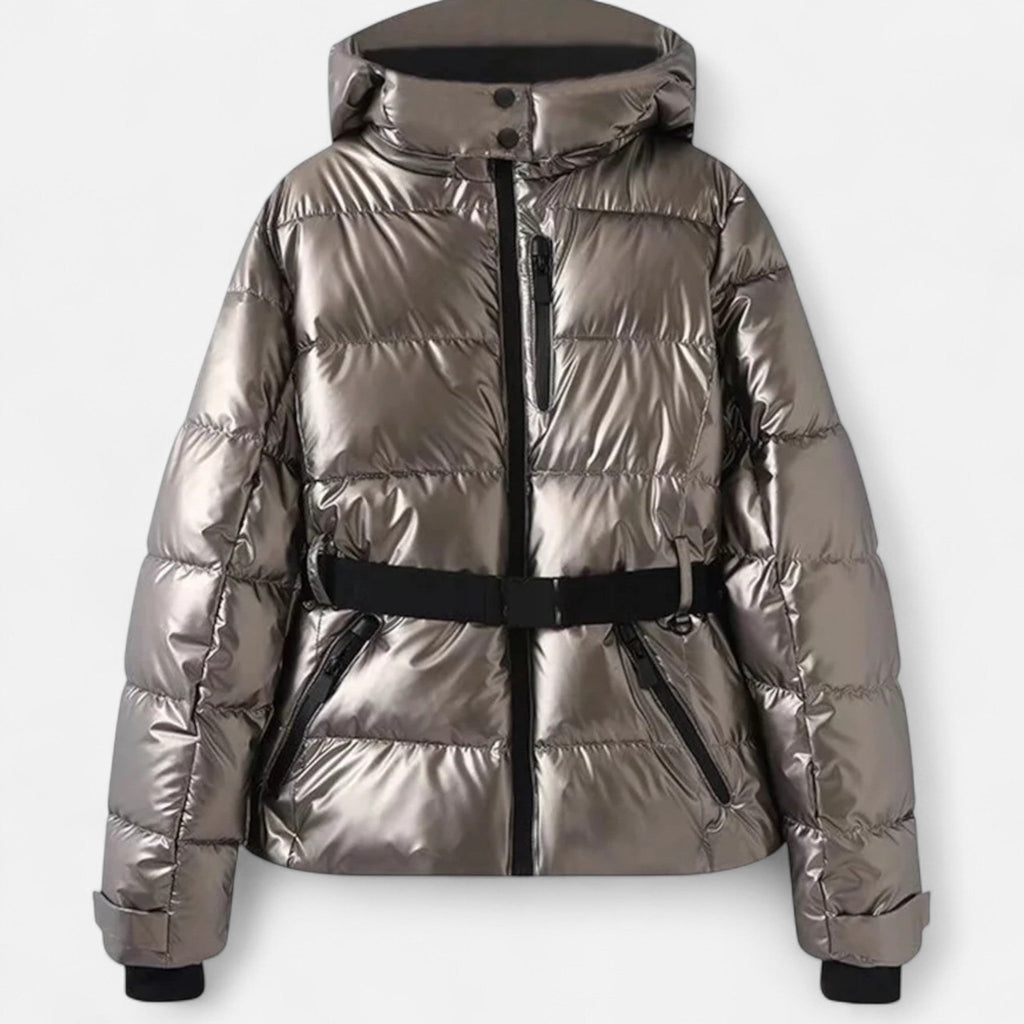 Chaqueta de esquí para mujer con cinturón y capucha en gris metalizado