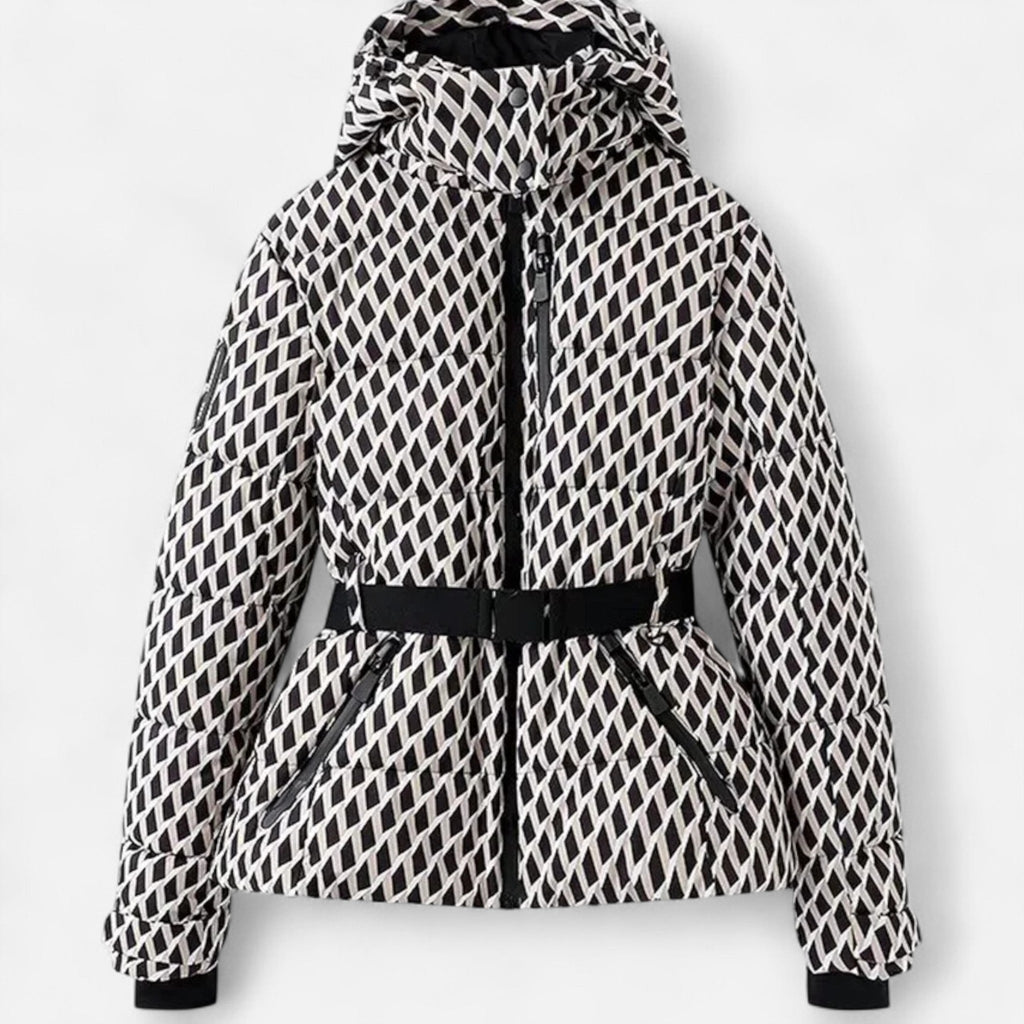 Chaqueta de esquí para mujer con cinturón y capucha en estampado blanco y negro