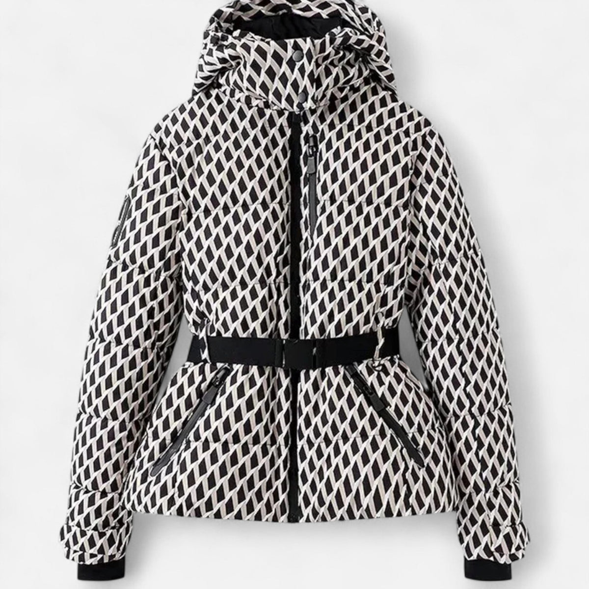 Chaqueta de esquí para mujer con cinturón y capucha en estampado blanco y negro
