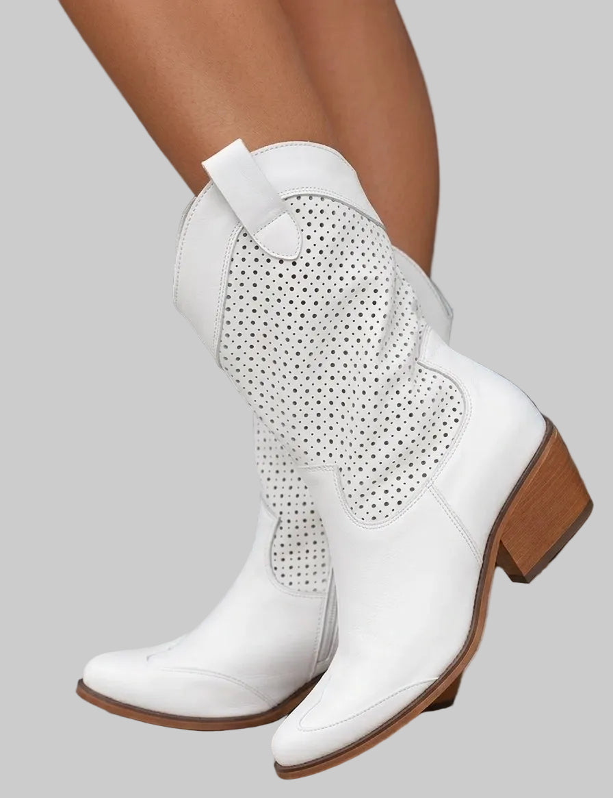 Botas camperas para mujer con perforaciones y tacón ancho para la primavera y el verano