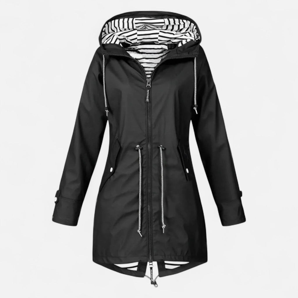 Chaqueta con capucha para mujer con cintura ajustable en negro