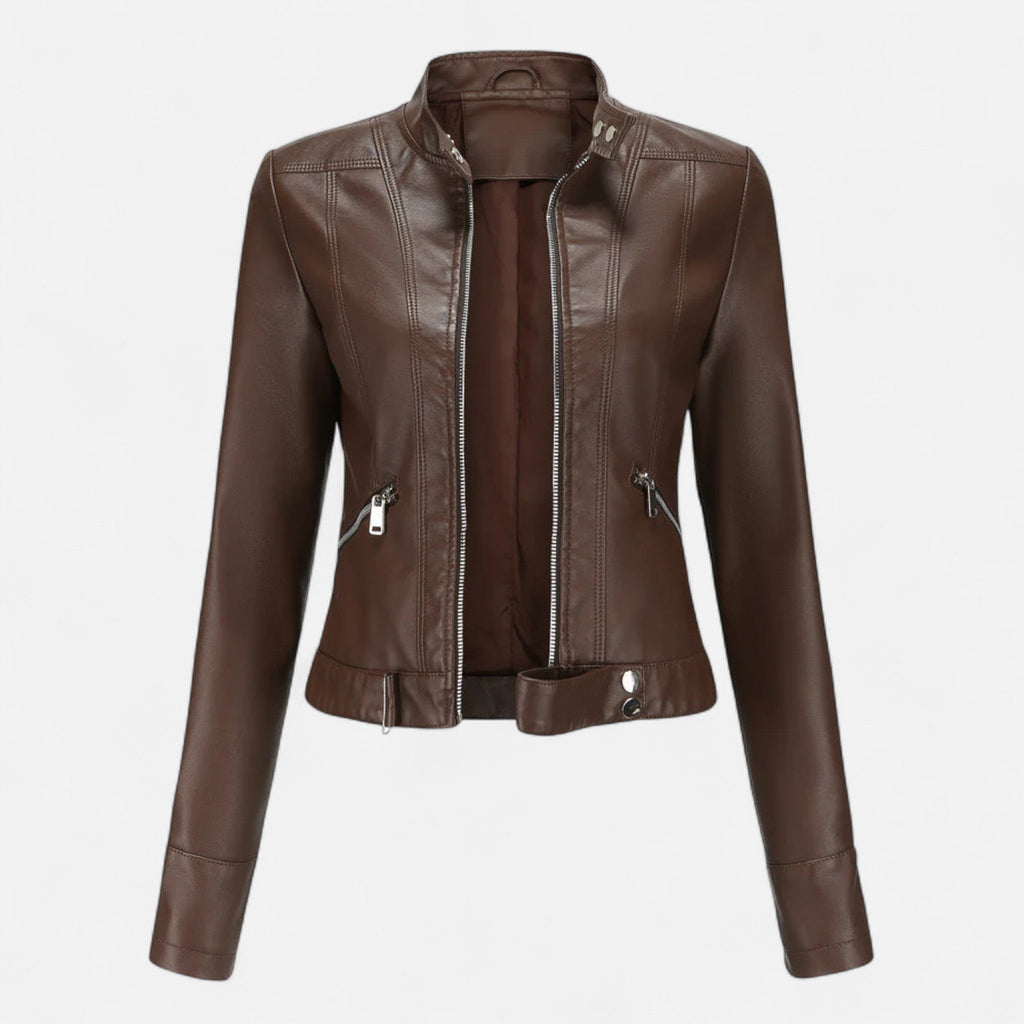 Chaqueta corta para mujer de efecto cuero con cuello alto en marrón