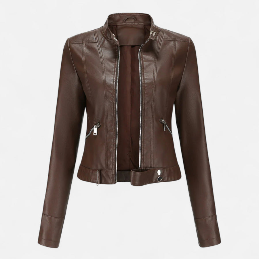 Chaqueta corta para mujer de efecto cuero con cuello alto para el entretiempo